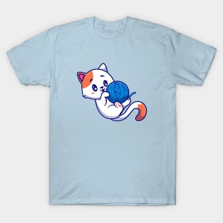 Cute Cat Playing Yarn Ball Cartoon T-Shirt